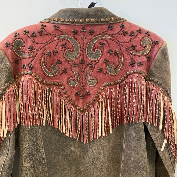 Double D Ranch Jackets & Blazers - Double D Ranch Brown and Red Leather Jacket with Fringe